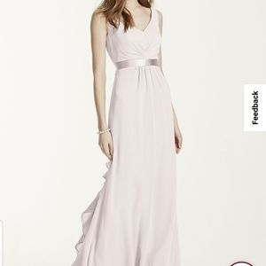 Sleeveless chiffon champagne dress with ruffle back detail. Size 22